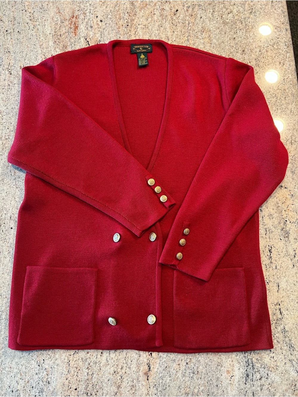 Vintage Charter Club New York Red Double-Breasted 100% Wool Knit Cardigan
